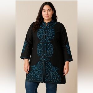 Anne Carson Jacket Womens 1X  Embroidered Linen Paisley Long Duster Lagenlook